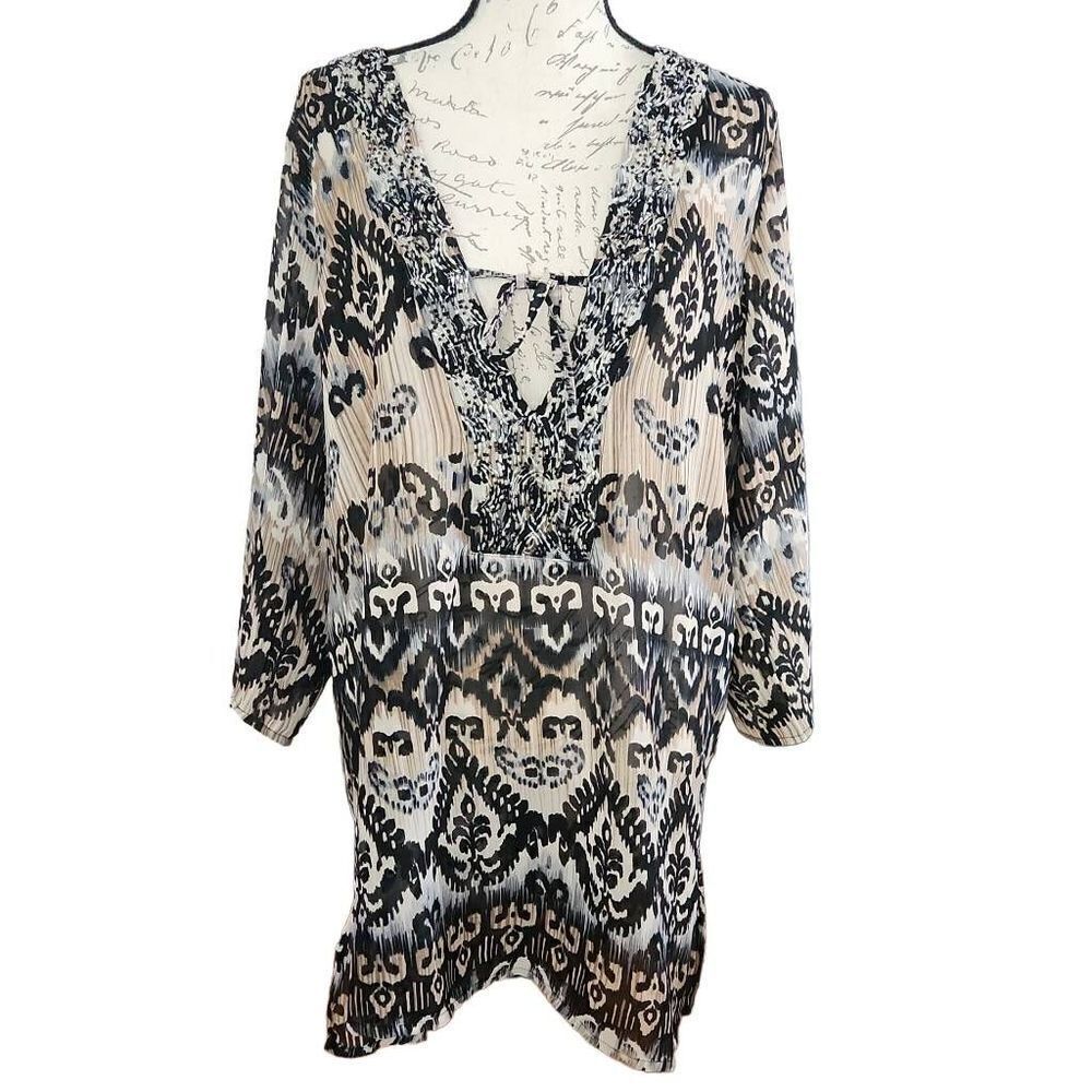 Raviya Women's Size XL Tan Black Beaded Swim Cover Up